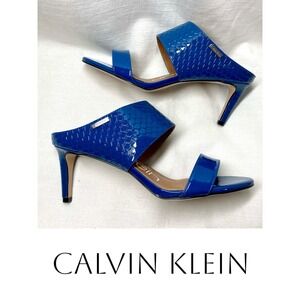 Calvin Klein Cecily Cobalt Blue Patent Snake Embossed Mule Heels Size 7 NWOB